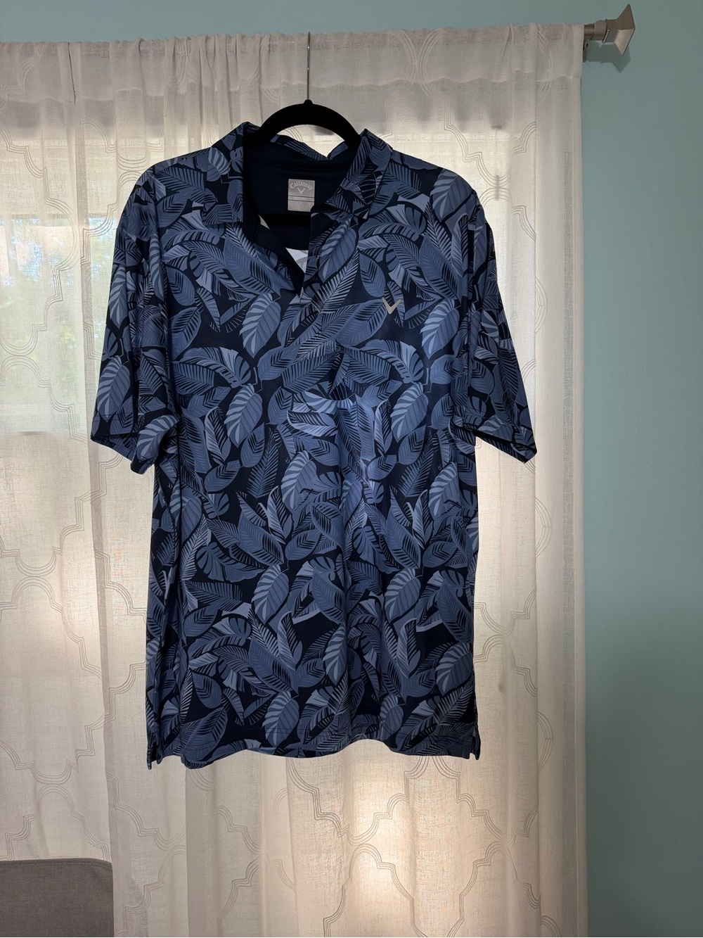 Callaway Navy and Light Blue Leaf-Print Polo